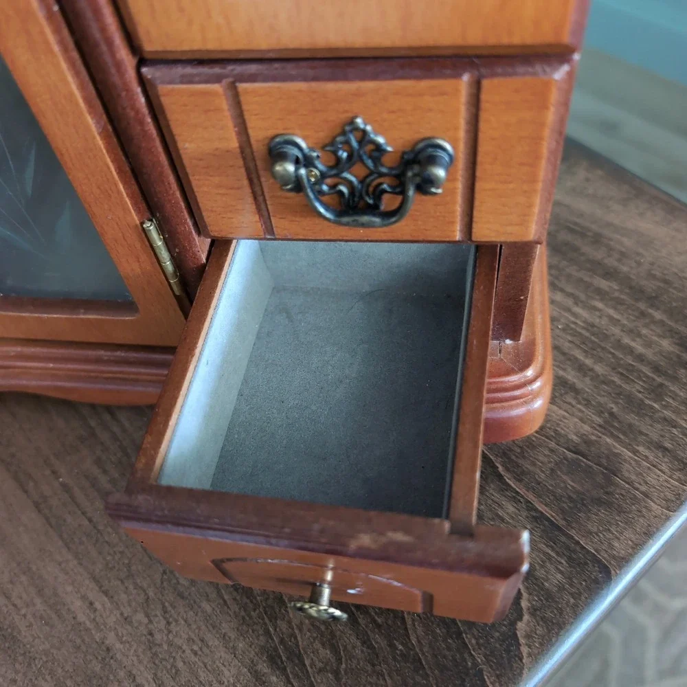 Vintage Jewelry Armoire Organizer Etched Glass Floral Wood Chest Velvet Mirrored
